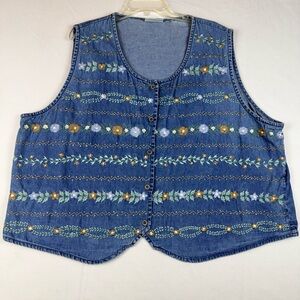 Willow Bay VTG Denim Vest Womens XXL Blue Floral Embroidered Button Front RETRO
